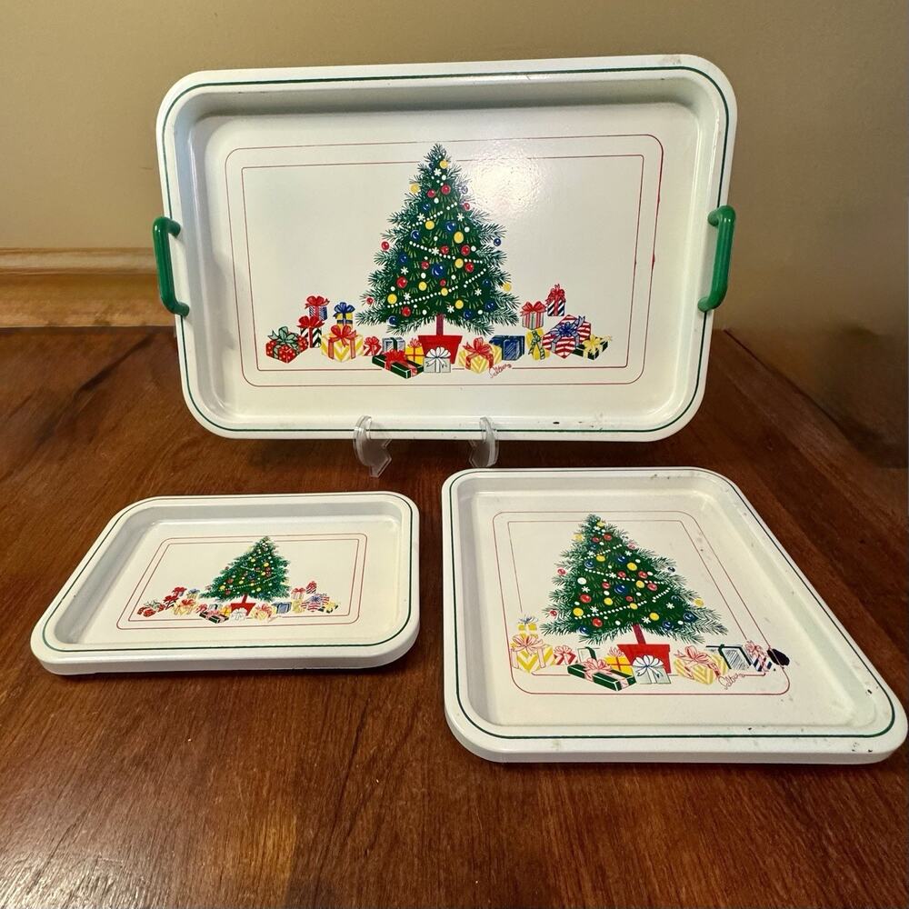 Vintage Saltera Christmas Melamine Serving Tray Set 3 Japan Tree Holiday Handles